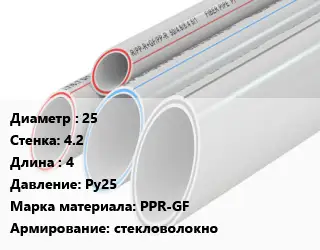 Труба полипропиленовая армированная 25 s=4.2 L=4 Ру25 PPR-GF стекловолокно